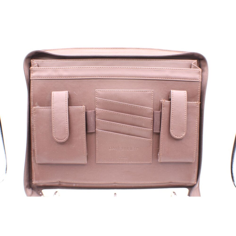 Day Runner Briefcase Planner Organizer Leather Canvas Zipper Handle Brown Green - Picture 6 of 14